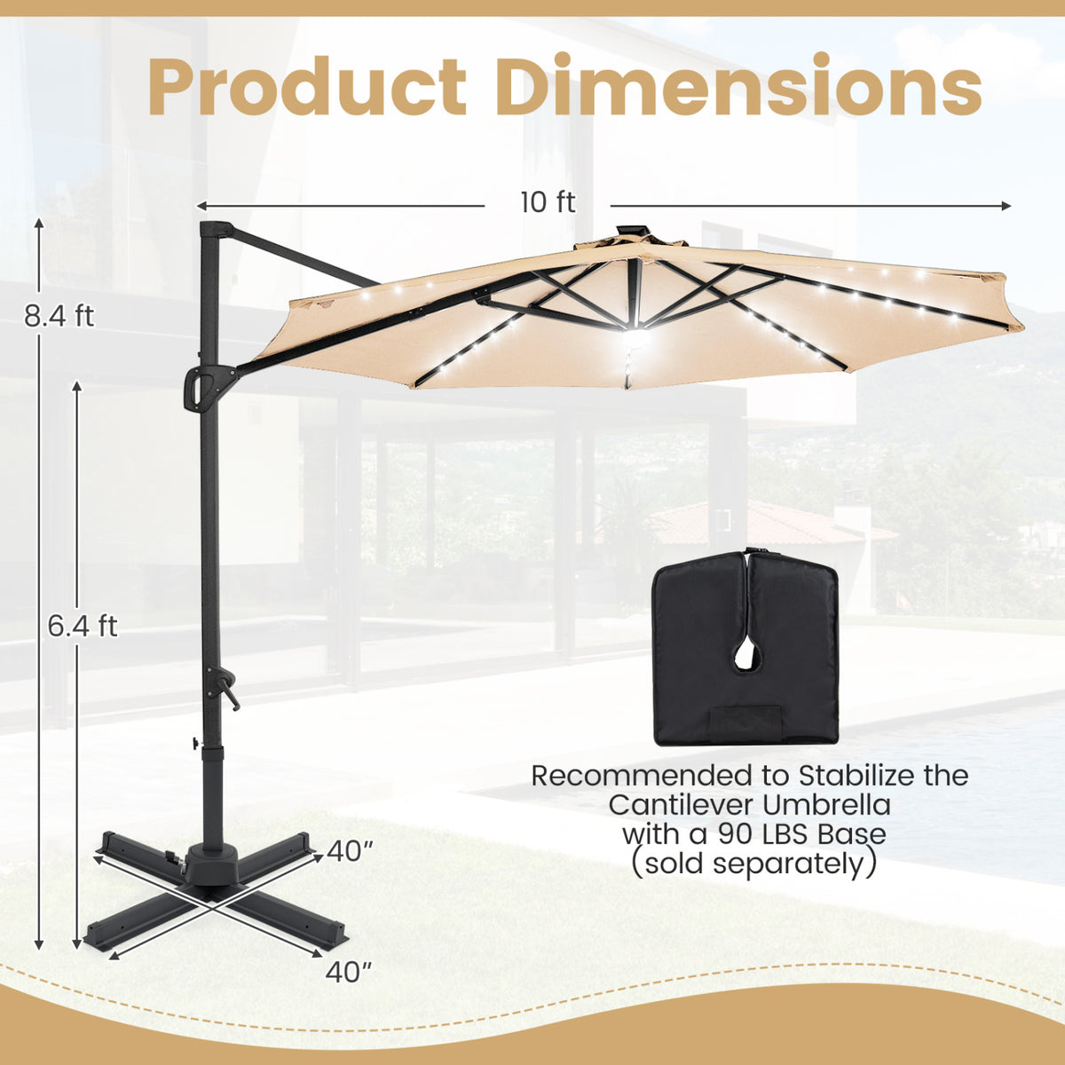 10 FT Cantilever Patio Umbrella with Solar LED Lights 360Â° Rotation-Beige
