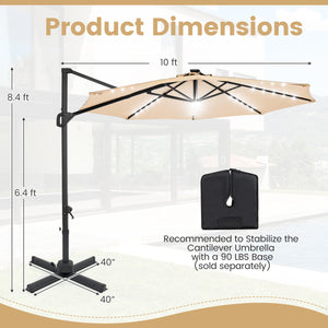 10 FT Cantilever Patio Umbrella with Solar LED Lights 360Â° Rotation-Beige
