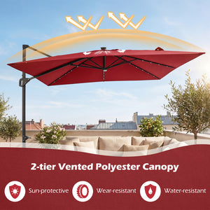 10 FT Cantilever Patio Umbrella with 32 Solar LED Lights and 220 LBS Base-Red