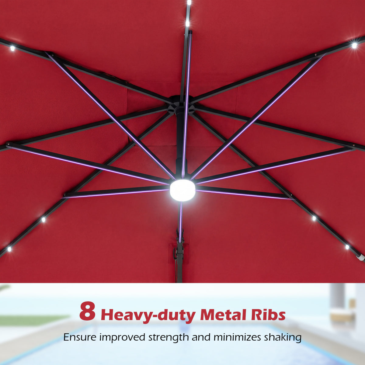 10 FT Cantilever Patio Umbrella with 32 Solar LED Lights and 220 LBS Base-Red