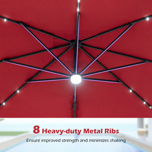 10 FT Cantilever Patio Umbrella with 32 Solar LED Lights and 220 LBS Base-Red