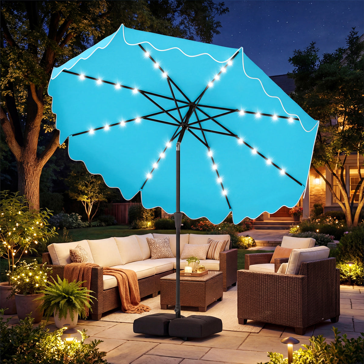 10 FT Outdoor Patio Umbrella with Solar LED Lights and Weighted Base-Turquoise