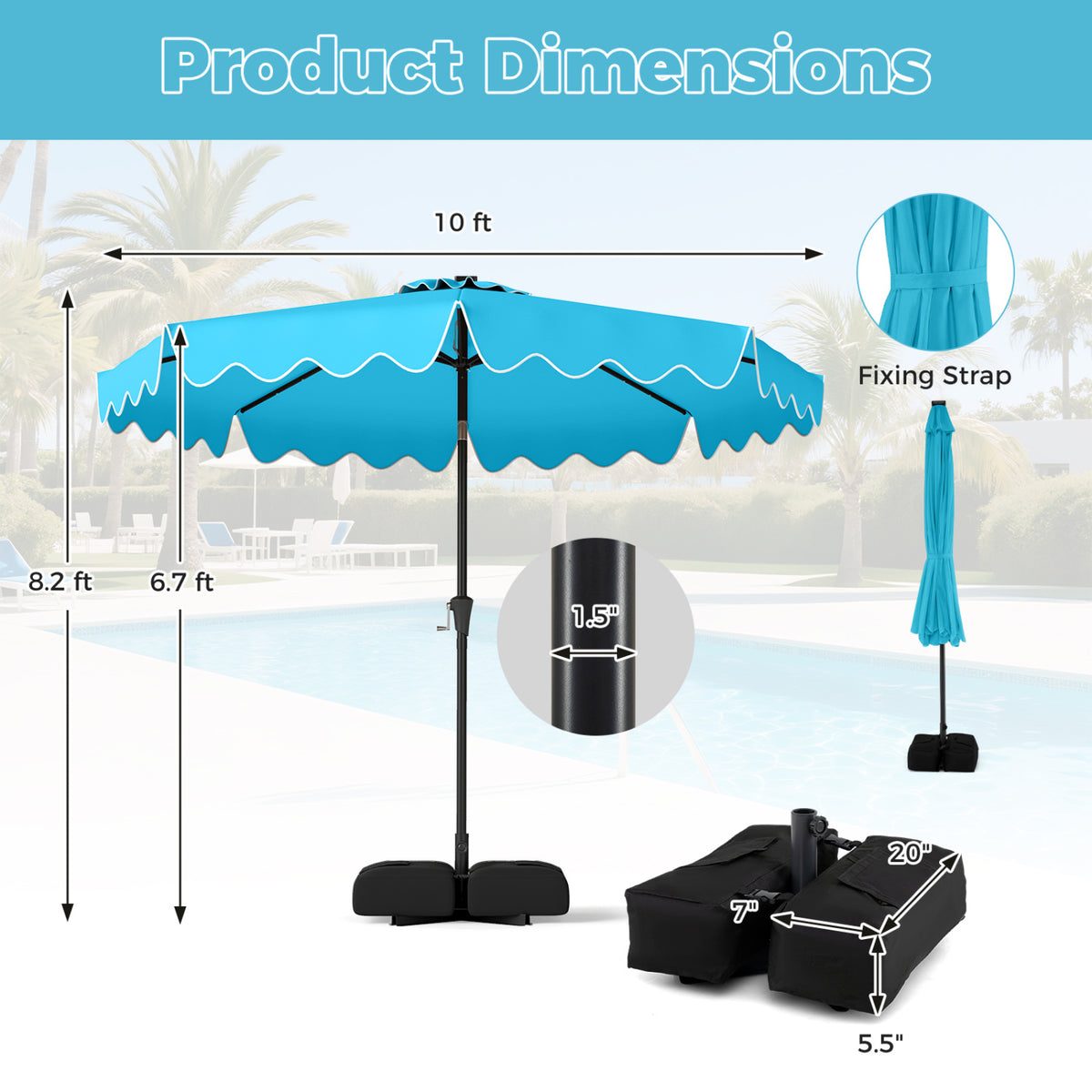 10 FT Outdoor Patio Umbrella with Solar LED Lights and Weighted Base-Turquoise