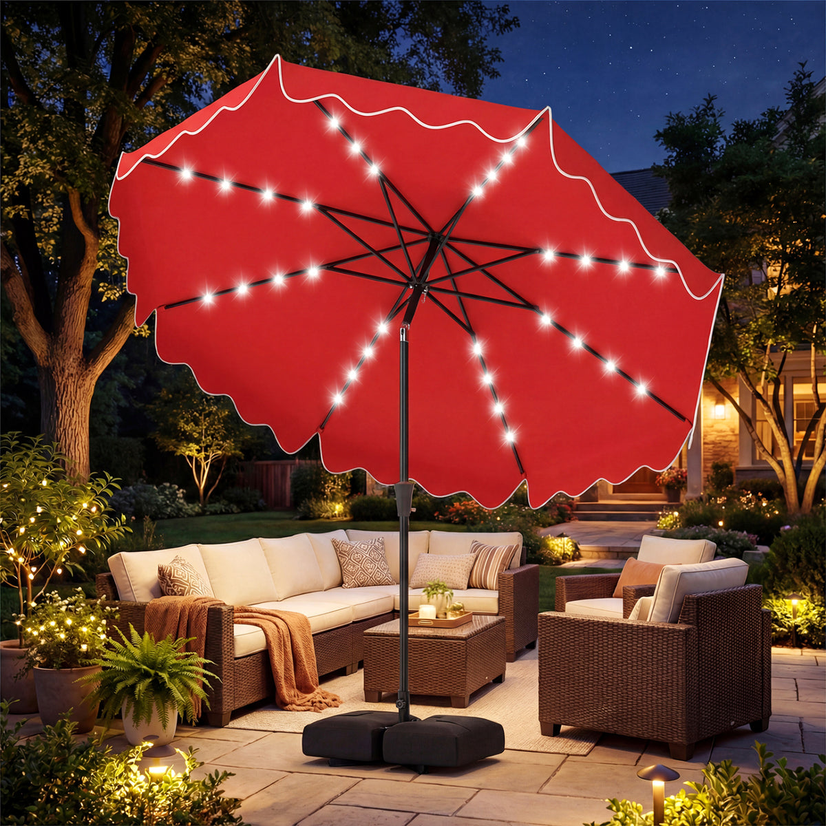 10 FT Outdoor Patio Umbrella with Solar LED Lights and Weighted Base-Red