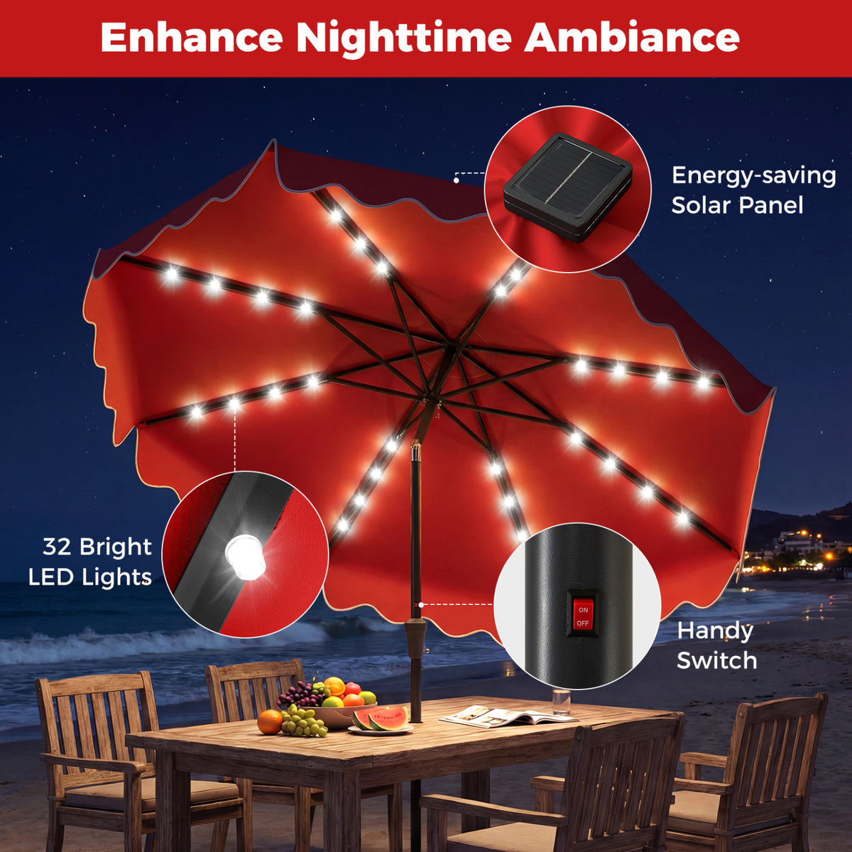 10 FT Outdoor Patio Umbrella with Solar LED Lights and Weighted Base-Red