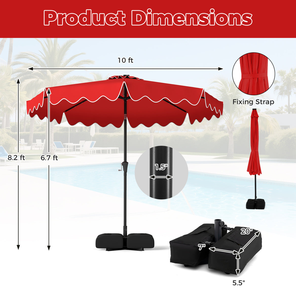 10 FT Outdoor Patio Umbrella with Solar LED Lights and Weighted Base-Red