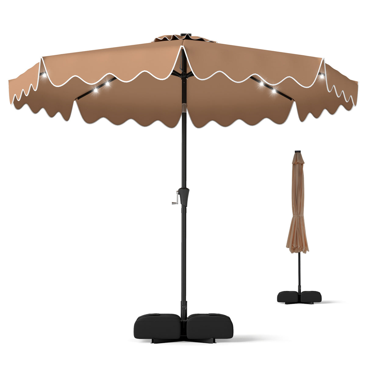 10 FT Outdoor Patio Umbrella with Solar LED Lights and Weighted Base-Brown