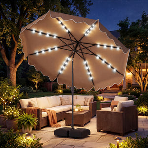 10 FT Outdoor Patio Umbrella with Solar LED Lights and Weighted Base-Brown