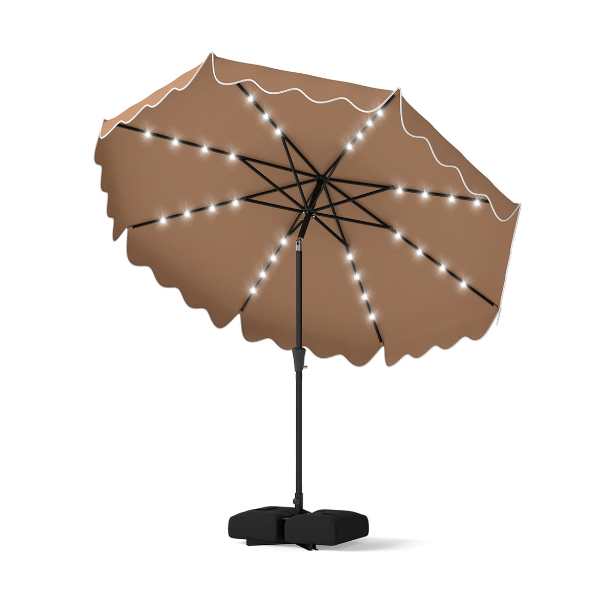 10 FT Outdoor Patio Umbrella with Solar LED Lights and Weighted Base-Brown