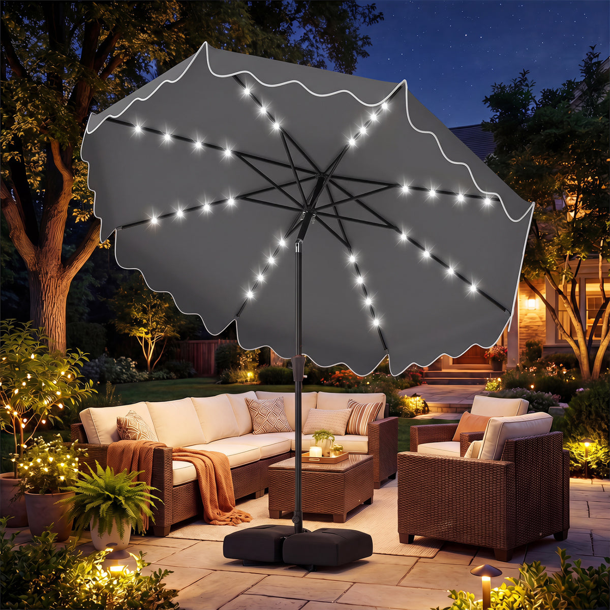 10 FT Outdoor Patio Umbrella with Solar LED Lights and Weighted Base-Gray