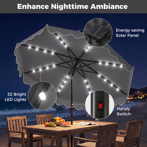10 FT Outdoor Patio Umbrella with Solar LED Lights and Weighted Base-Gray