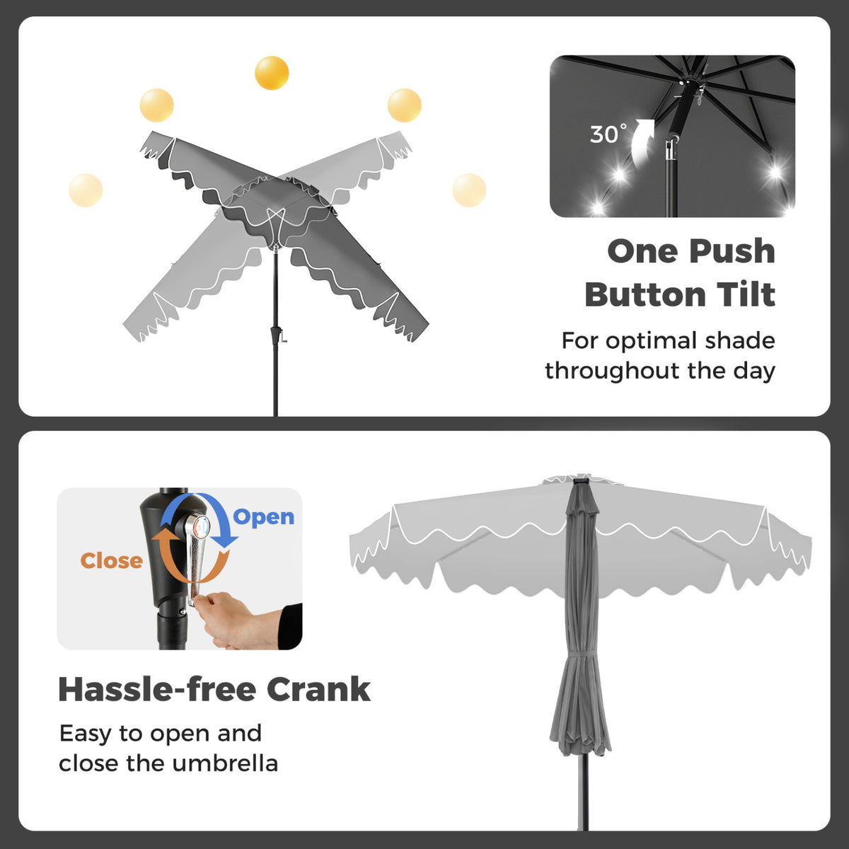 10 FT Outdoor Patio Umbrella with Solar LED Lights and Weighted Base-Gray