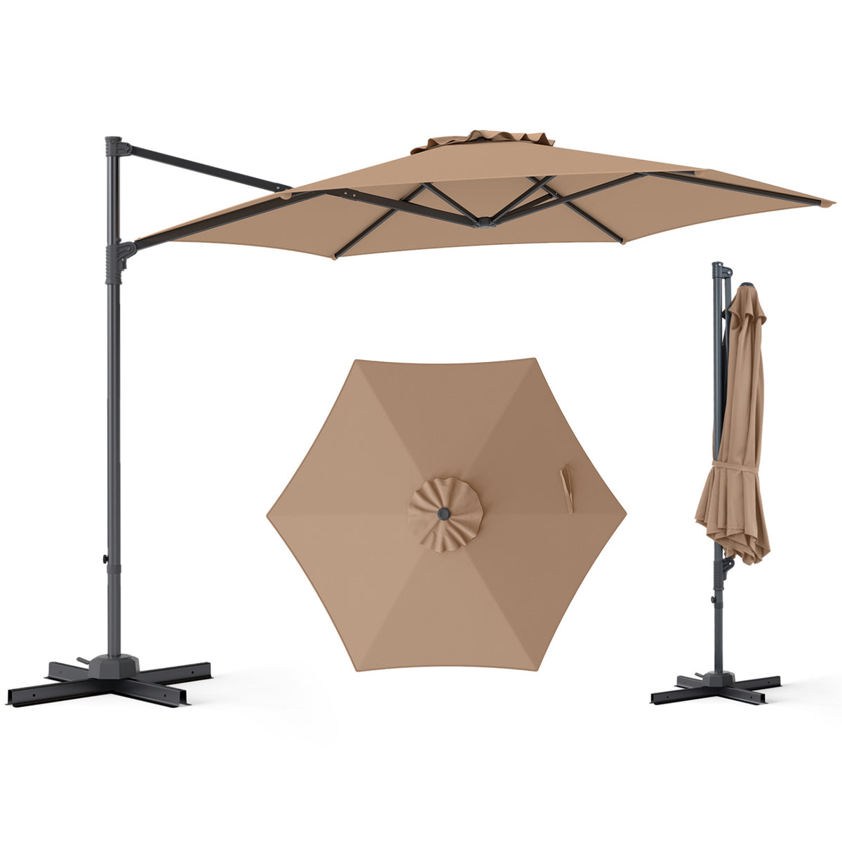 10 FT Patio Cantilever Umbrella with 360Â° Rotation and Air Vent for Backyard and Poolside-Tan