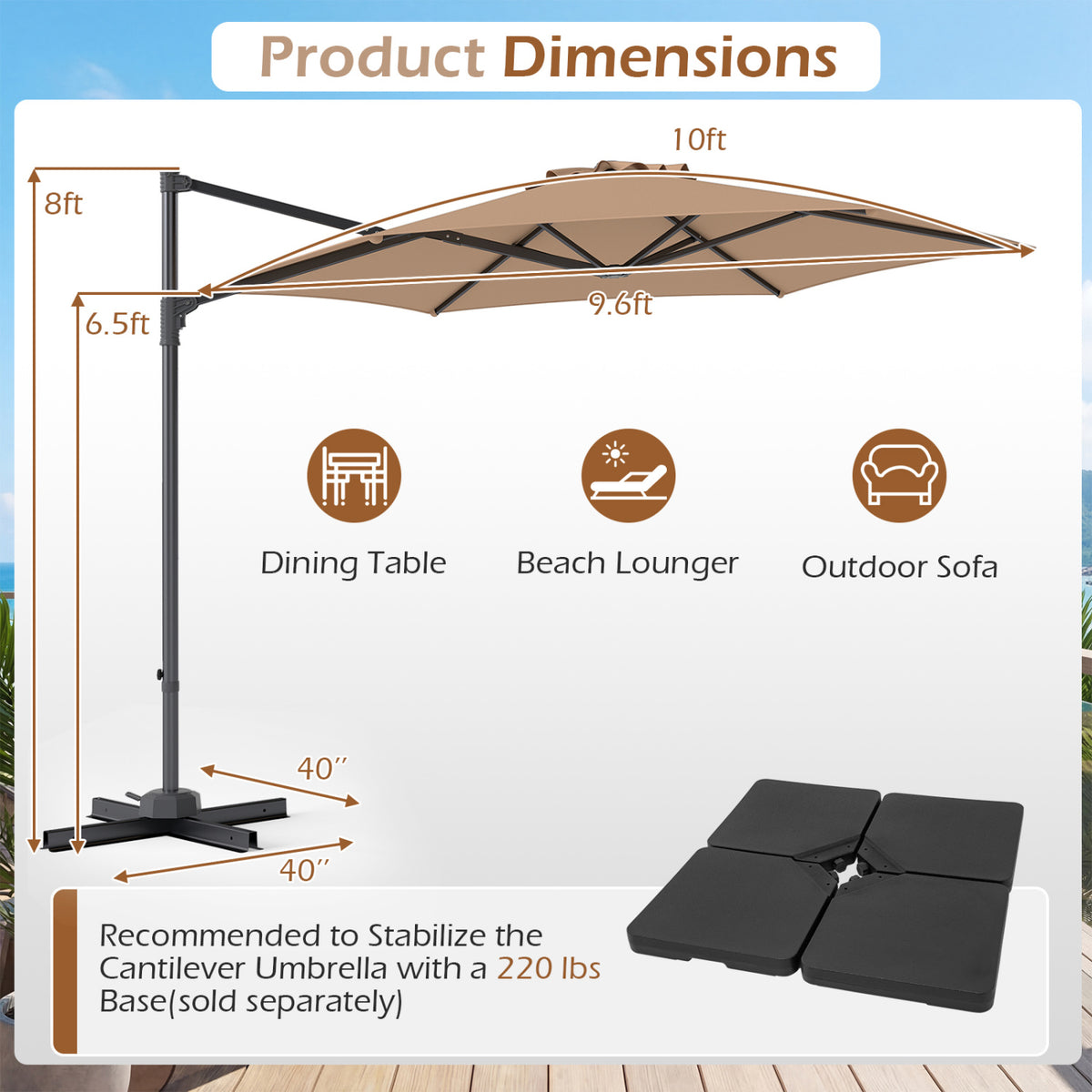 10 FT Patio Cantilever Umbrella with 360Â° Rotation and Air Vent for Backyard and Poolside-Tan