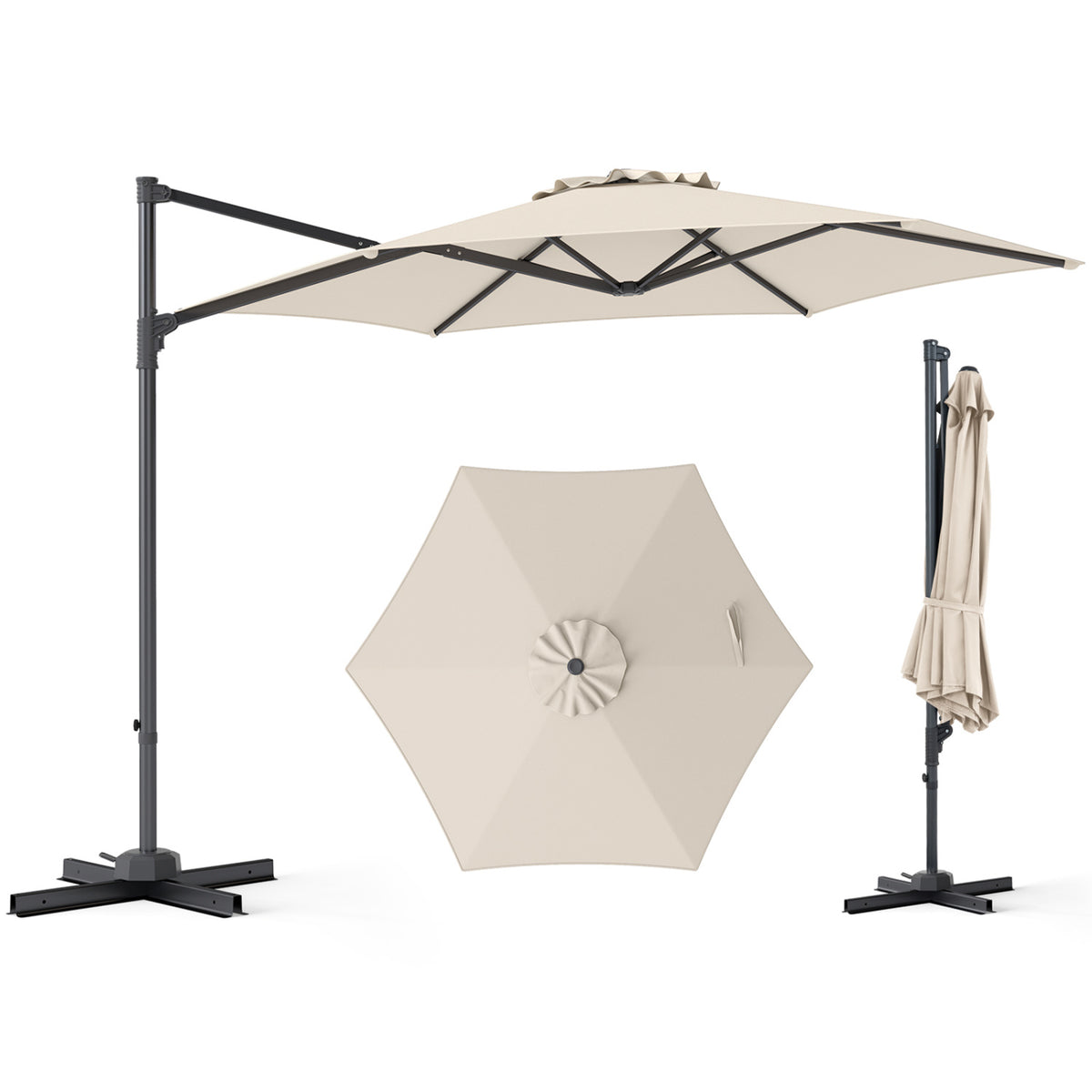 10 FT Patio Cantilever Umbrella with 360Â° Rotation and Air Vent for Backyard and Poolside-Beige