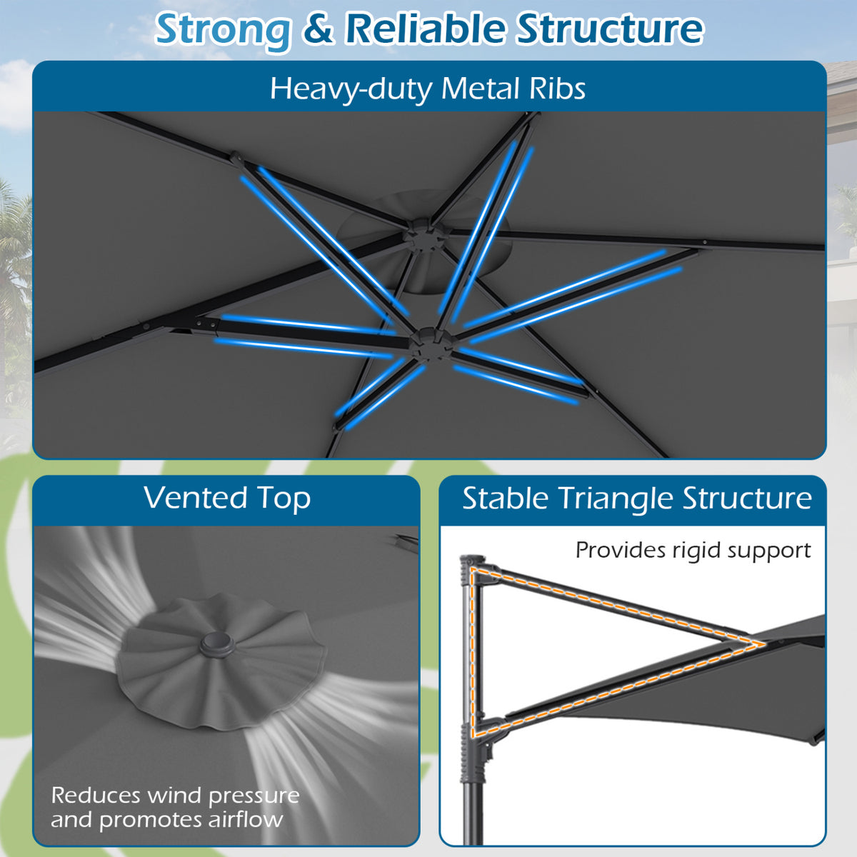 10 FT Patio Cantilever Umbrella with 360Â° Rotation and Air Vent for Backyard and Poolside-Gray