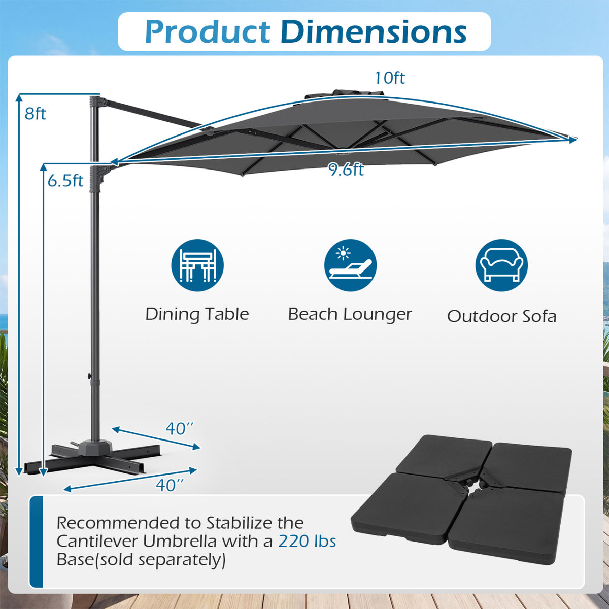 10 FT Patio Cantilever Umbrella with 360Â° Rotation and Air Vent for Backyard and Poolside-Gray