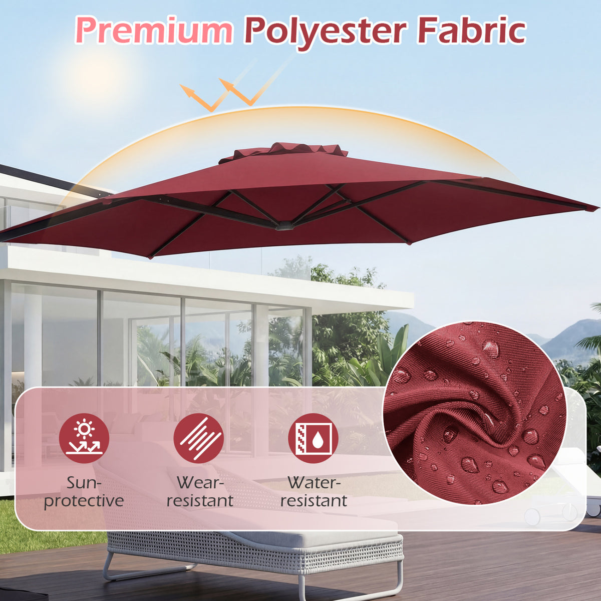 10 FT Patio Cantilever Umbrella with 360Â° Rotation and Air Vent for Backyard and Poolside-Wine