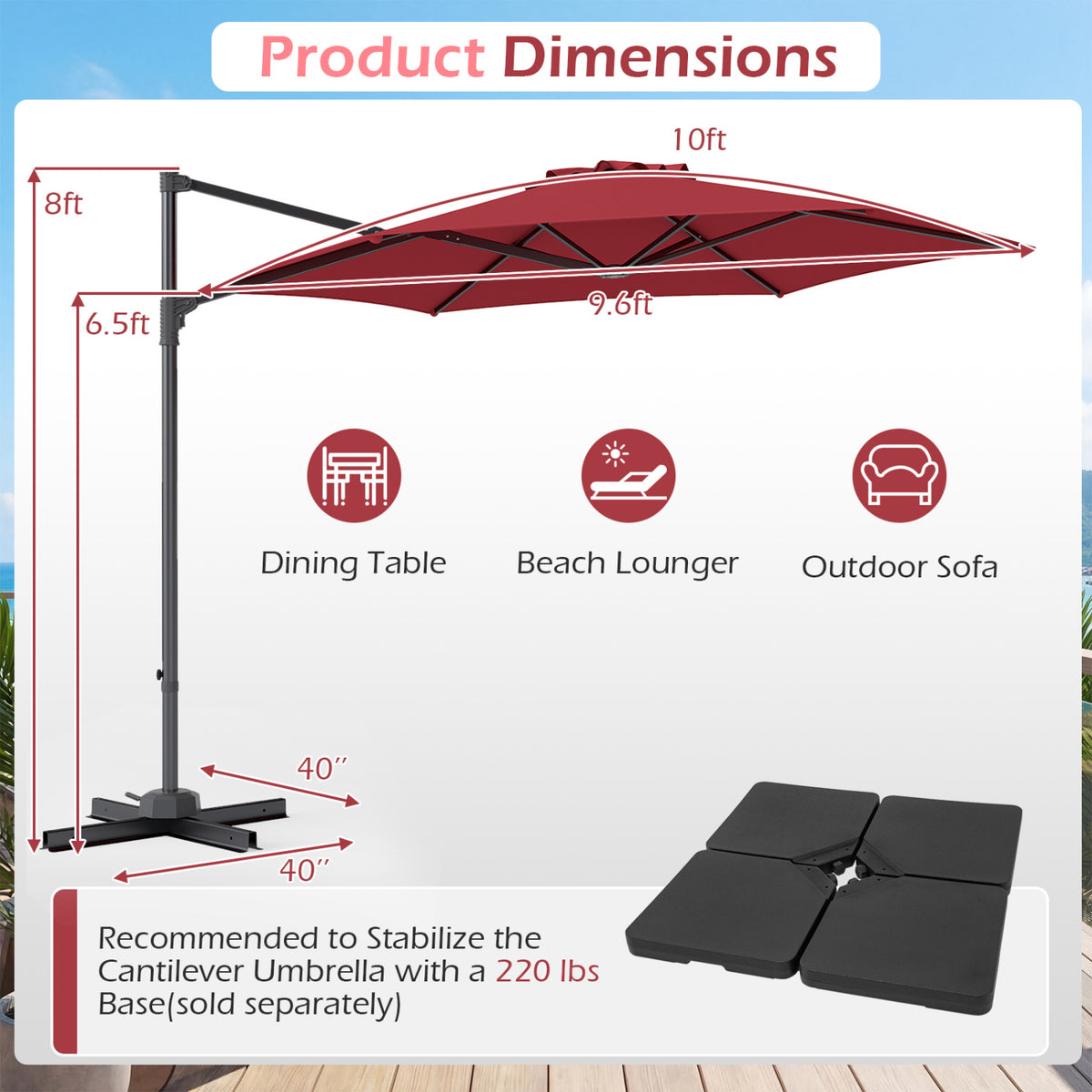 10 FT Patio Cantilever Umbrella with 360Â° Rotation and Air Vent for Backyard and Poolside-Wine