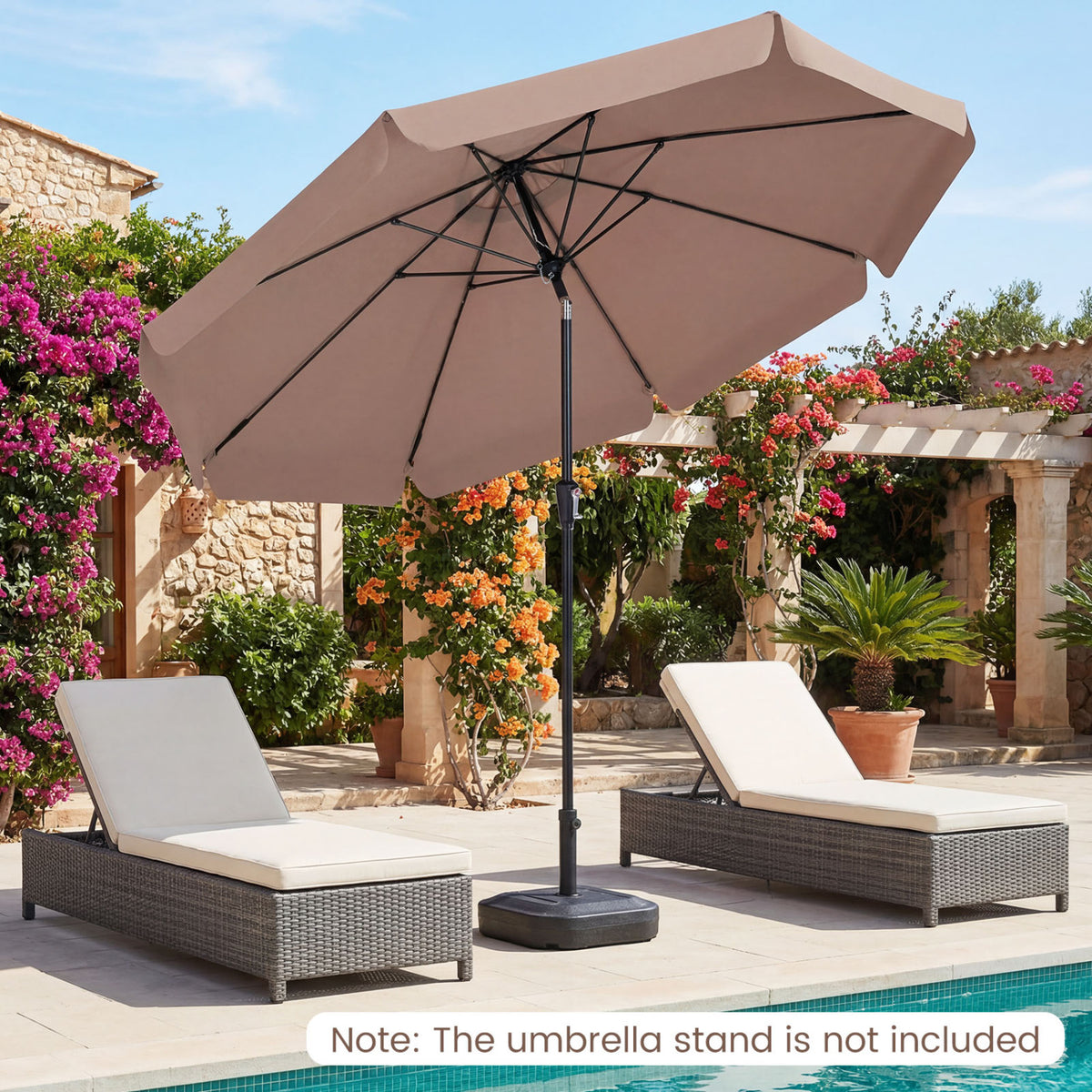 10 FT Scalloped Patio Umbrella with Push Button Tilt and 8 Fiberglass Ribs-Brown