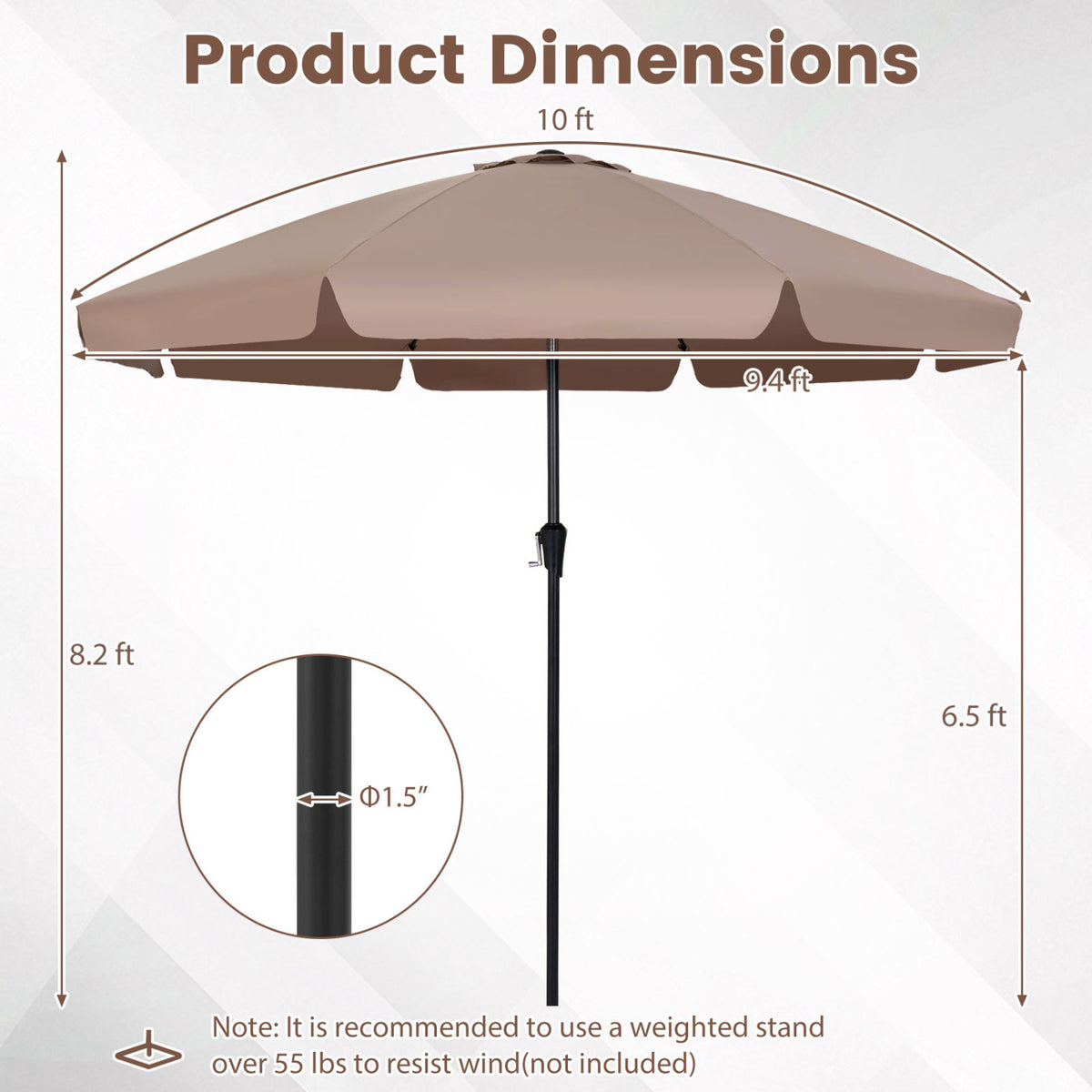 10 FT Scalloped Patio Umbrella with Push Button Tilt and 8 Fiberglass Ribs-Brown