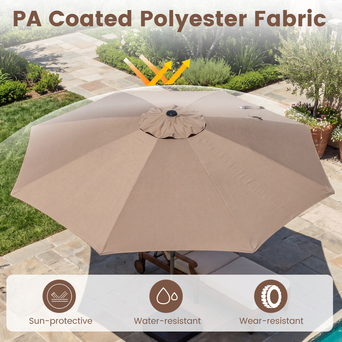 10 FT Scalloped Patio Umbrella with Push Button Tilt and 8 Fiberglass Ribs-Brown