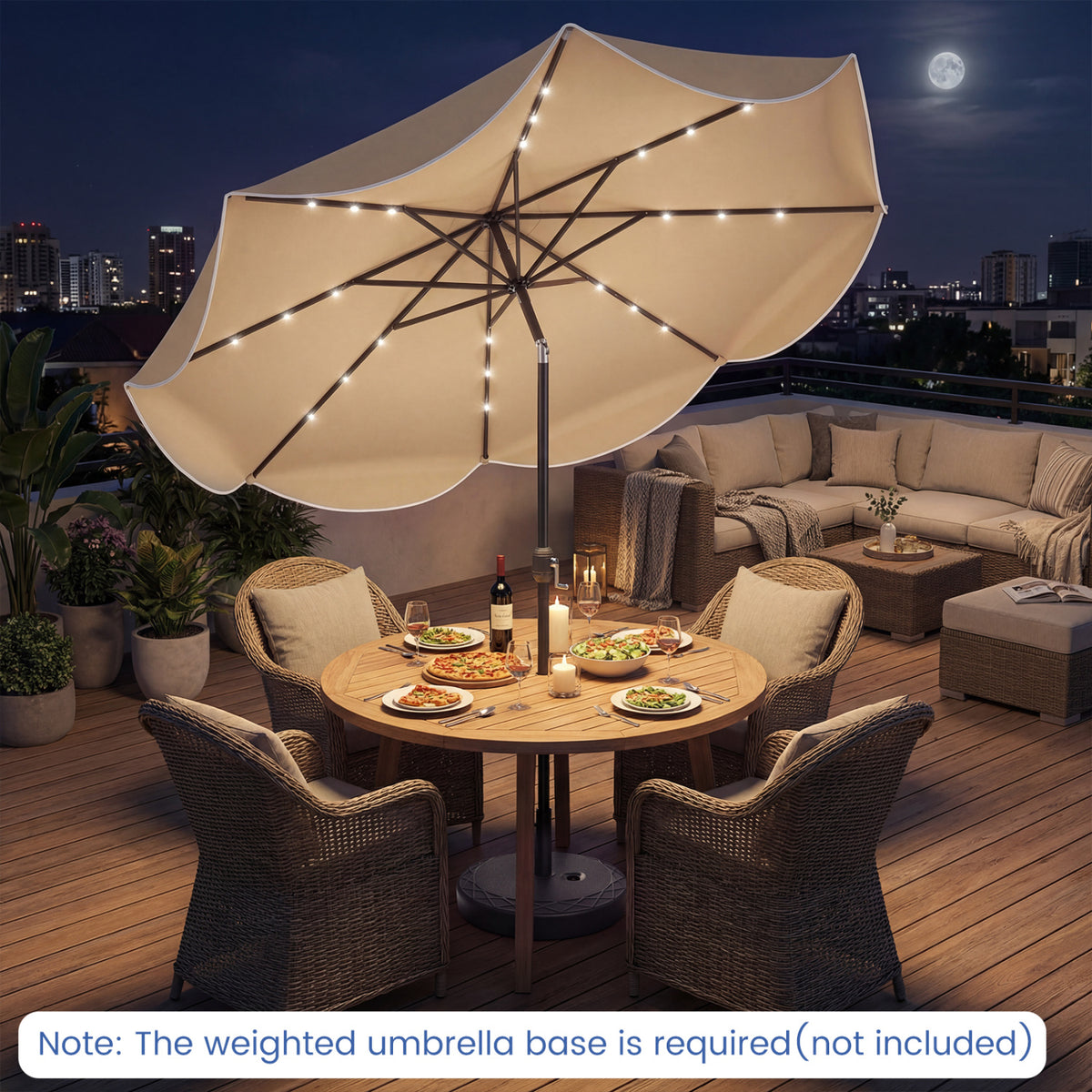 10 FT Scalloped Solar Patio Umbrella with 24 LED Lights and Tilt Adjustment-Tan