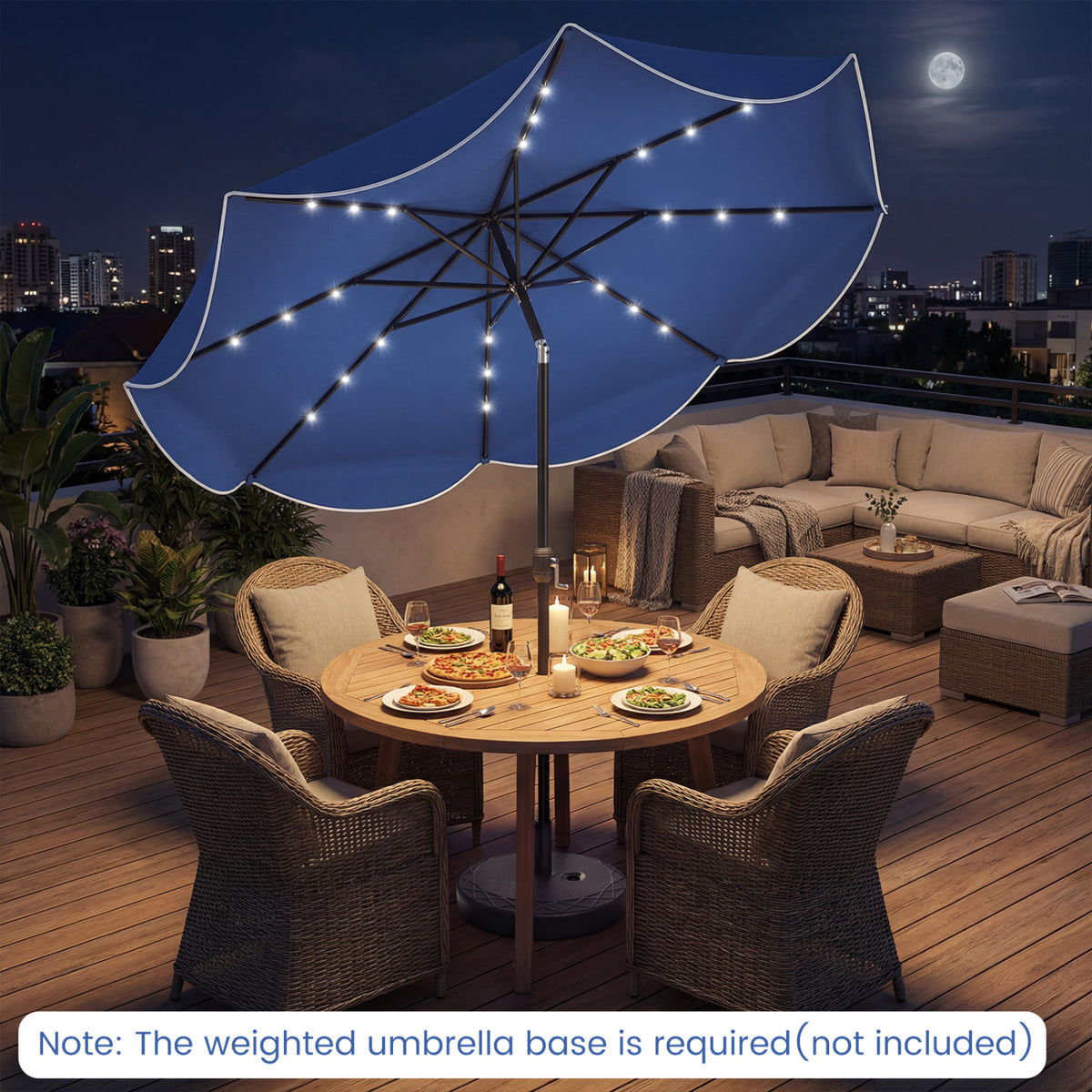 10 FT Scalloped Solar Patio Umbrella with 24 LED Lights and Tilt Adjustment-Navy