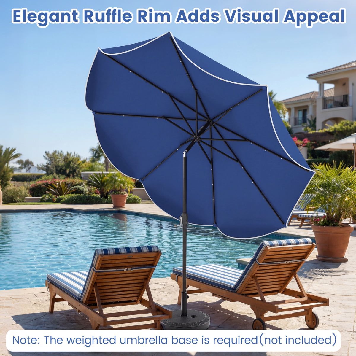 10 FT Scalloped Solar Patio Umbrella with 24 LED Lights and Tilt Adjustment-Navy