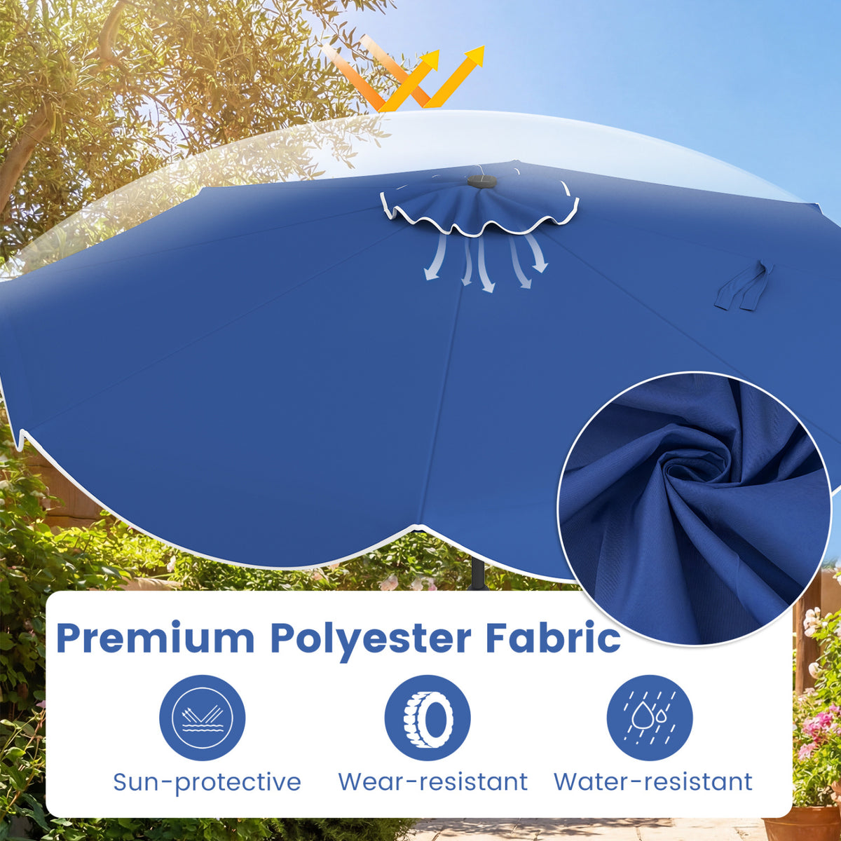 10 FT Scalloped Solar Patio Umbrella with 24 LED Lights and Tilt Adjustment-Navy