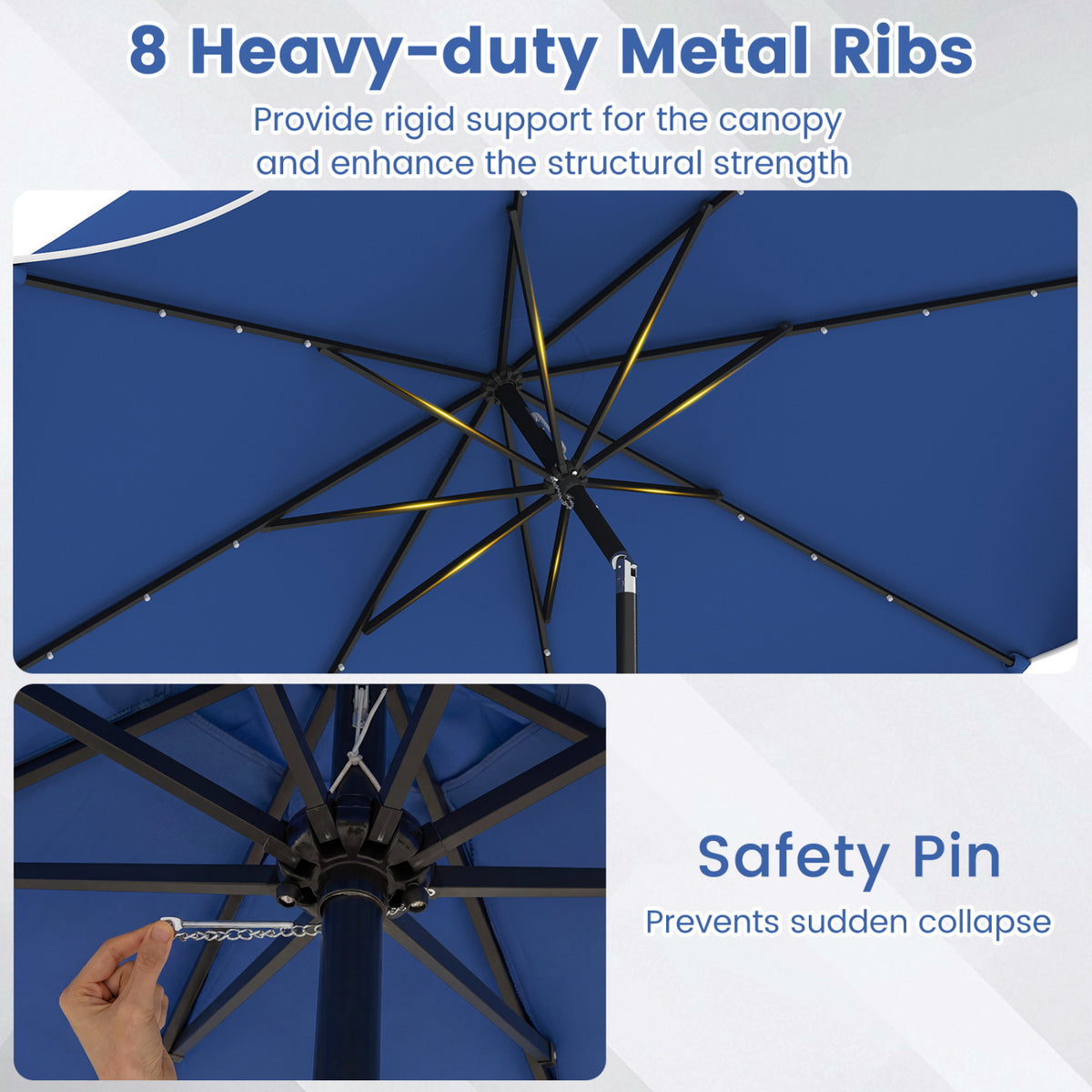 10 FT Scalloped Solar Patio Umbrella with 24 LED Lights and Tilt Adjustment-Navy