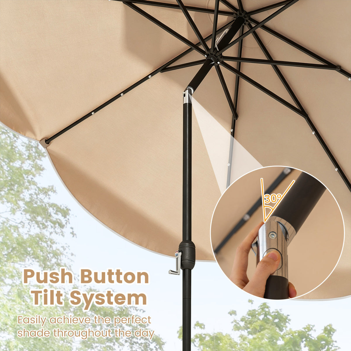 10 FT Scalloped Solar Patio Umbrella with 24 LED Lights and Tilt Adjustment-Beige