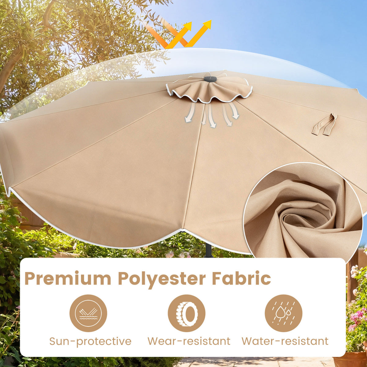 10 FT Scalloped Solar Patio Umbrella with 24 LED Lights and Tilt Adjustment-Beige