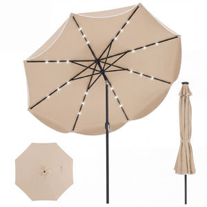 10 FT Scalloped Solar Patio Umbrella with 24 LED Lights and Tilt Adjustment-Beige