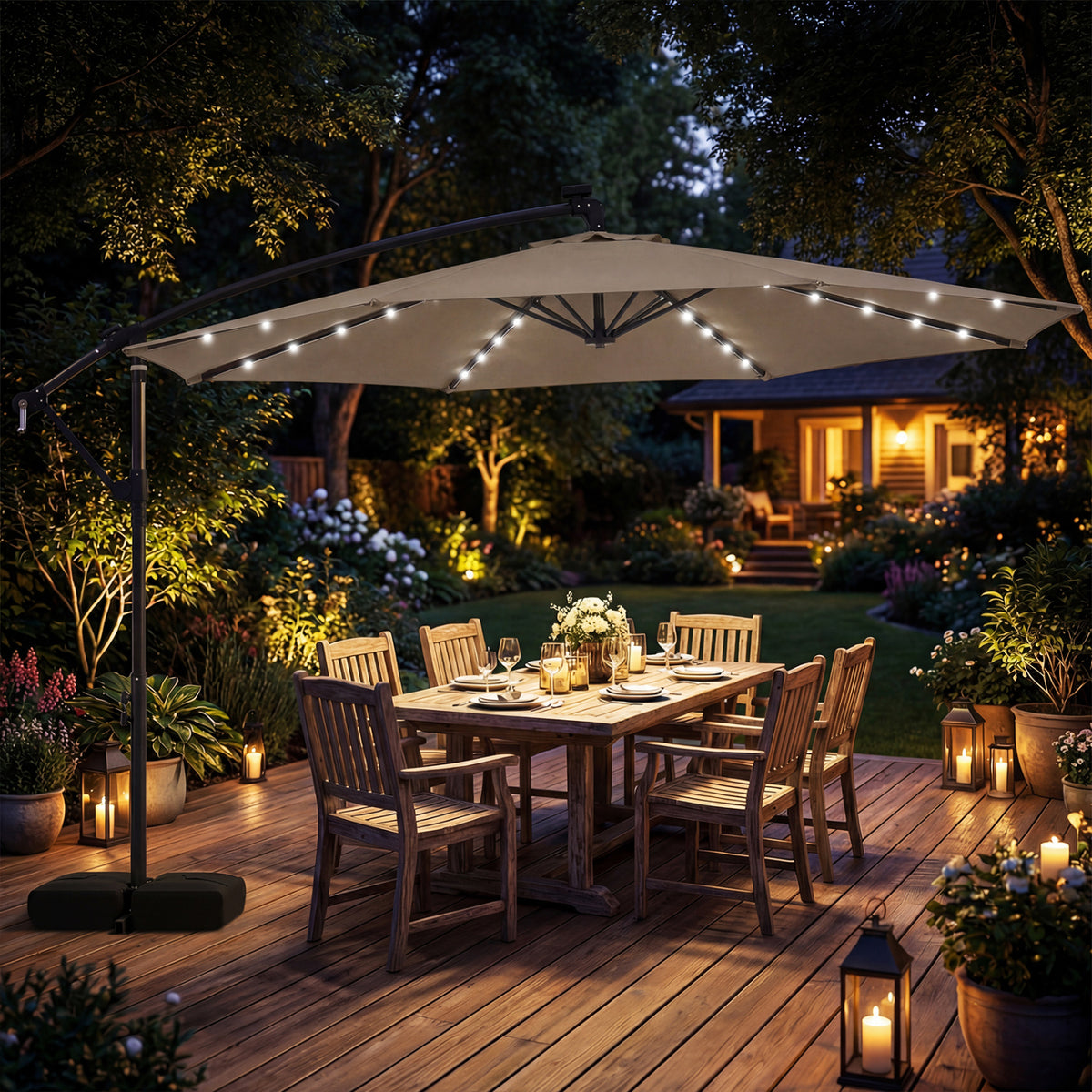 10 FT Solar LED Offset Cantilever Patio Umbrella Hanging Outdoor Market Umbrella-Brown