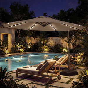 10 FT Solar LED Offset Cantilever Patio Umbrella Hanging Outdoor Market Umbrella-Brown