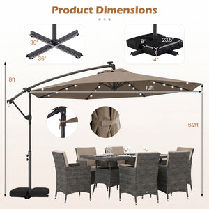 10 FT Solar LED Offset Cantilever Patio Umbrella Hanging Outdoor Market Umbrella-Brown