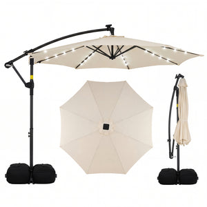 10 FT Solar LED Offset Cantilever Patio Umbrella Hanging Outdoor Market Umbrella-Beige