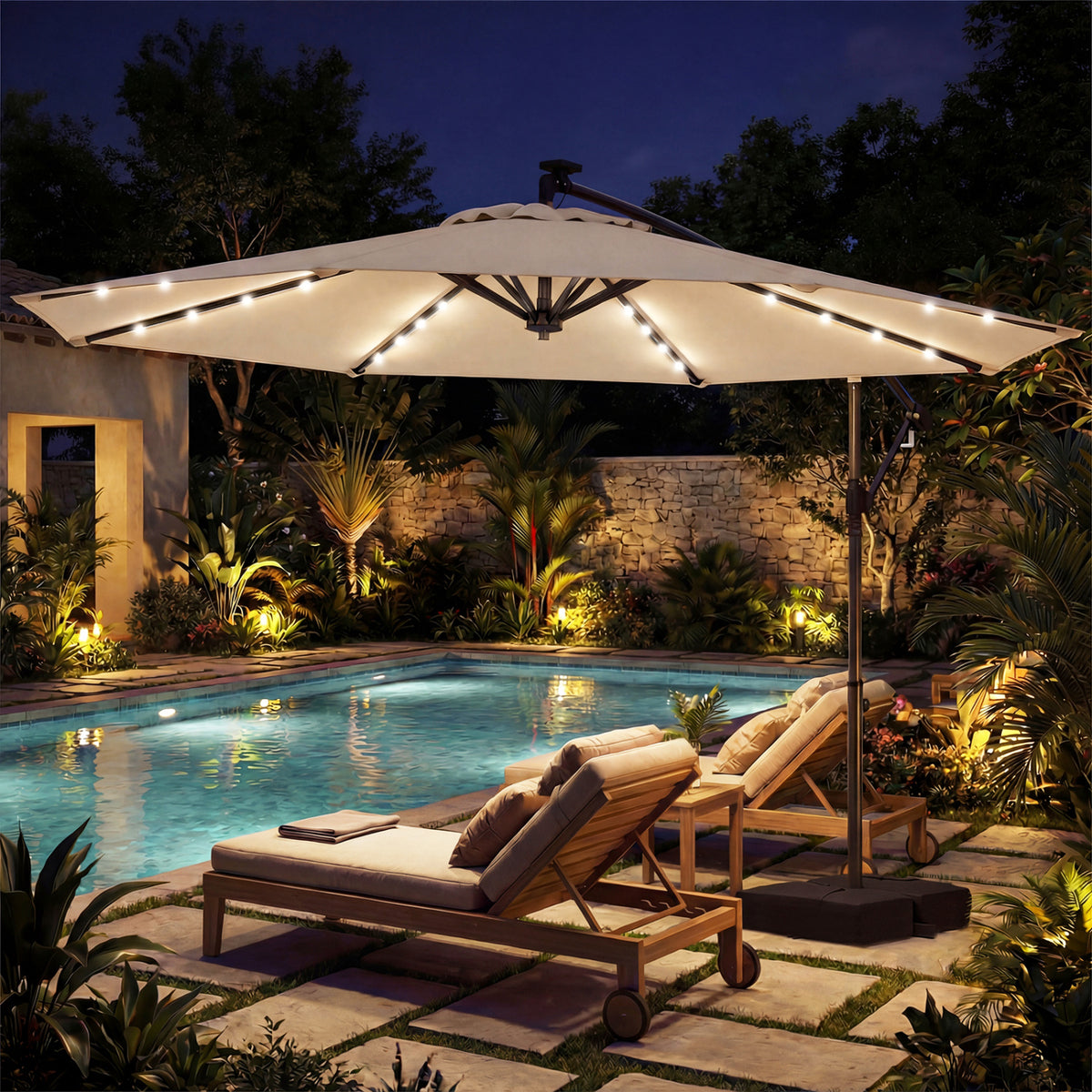 10 FT Solar LED Offset Cantilever Patio Umbrella Hanging Outdoor Market Umbrella-Beige