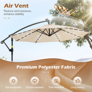 10 FT Solar LED Offset Cantilever Patio Umbrella Hanging Outdoor Market Umbrella-Beige
