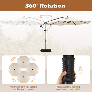 10 FT Solar LED Offset Cantilever Patio Umbrella Hanging Outdoor Market Umbrella-Beige
