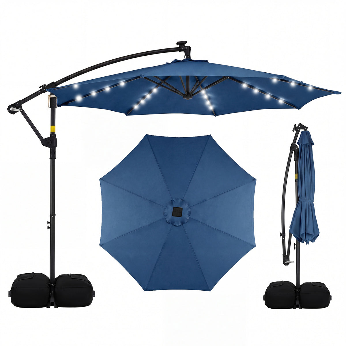 10 FT Solar LED Offset Cantilever Patio Umbrella Hanging Outdoor Market Umbrella-Navy