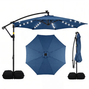 10 FT Solar LED Offset Cantilever Patio Umbrella Hanging Outdoor Market Umbrella-Navy