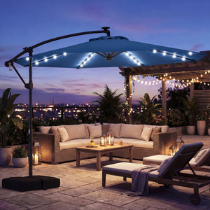 10 FT Solar LED Offset Cantilever Patio Umbrella Hanging Outdoor Market Umbrella-Navy