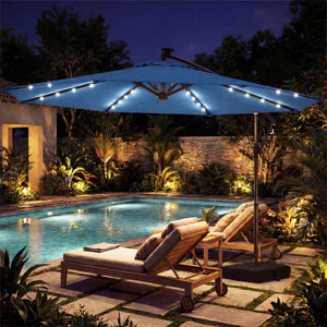 10 FT Solar LED Offset Cantilever Patio Umbrella Hanging Outdoor Market Umbrella-Navy