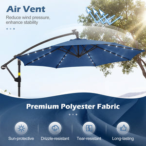10 FT Solar LED Offset Cantilever Patio Umbrella Hanging Outdoor Market Umbrella-Navy