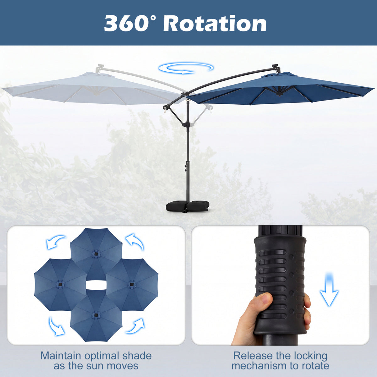 10 FT Solar LED Offset Cantilever Patio Umbrella Hanging Outdoor Market Umbrella-Navy