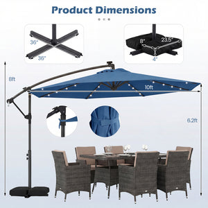 10 FT Solar LED Offset Cantilever Patio Umbrella Hanging Outdoor Market Umbrella-Navy