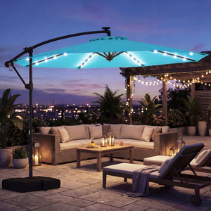 10 FT Solar LED Offset Cantilever Patio Umbrella Hanging Outdoor Market Umbrella-Turquoise
