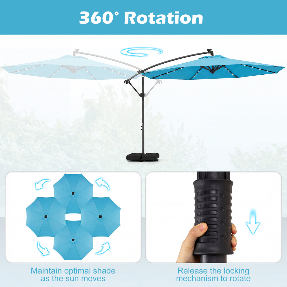 10 FT Solar LED Offset Cantilever Patio Umbrella Hanging Outdoor Market Umbrella-Turquoise